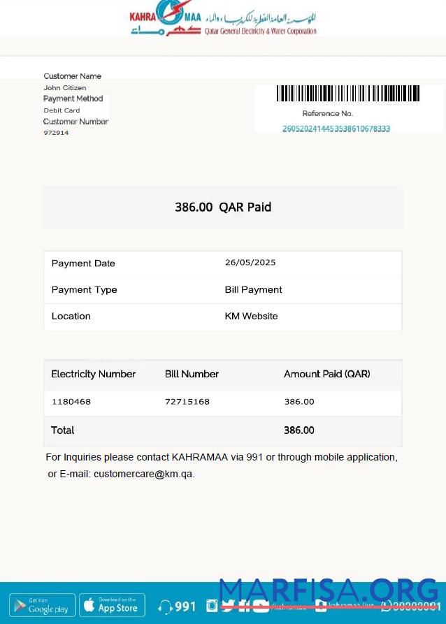 Realistic Qatar Kahramaa utility bill template in Word and PDF formats